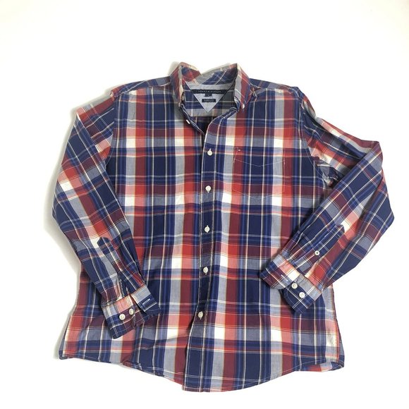 Tommy Hilfiger Shirt Mens Size M Red Blue Plaid‎ Classic Fit Button Down - Picture 1 of 5